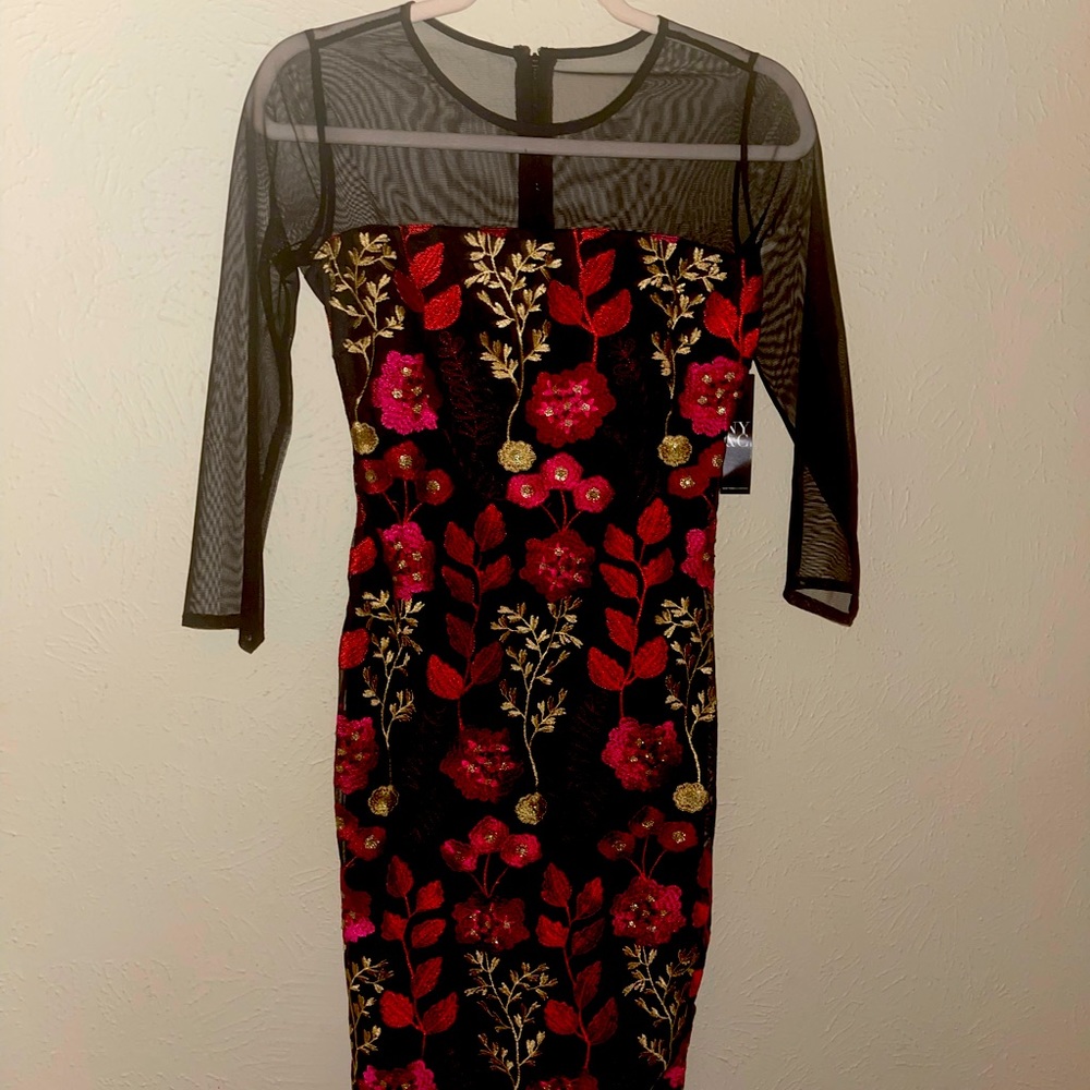 Slightly above knee, embroider flowers. Colors:red(wine) dark pink & gold